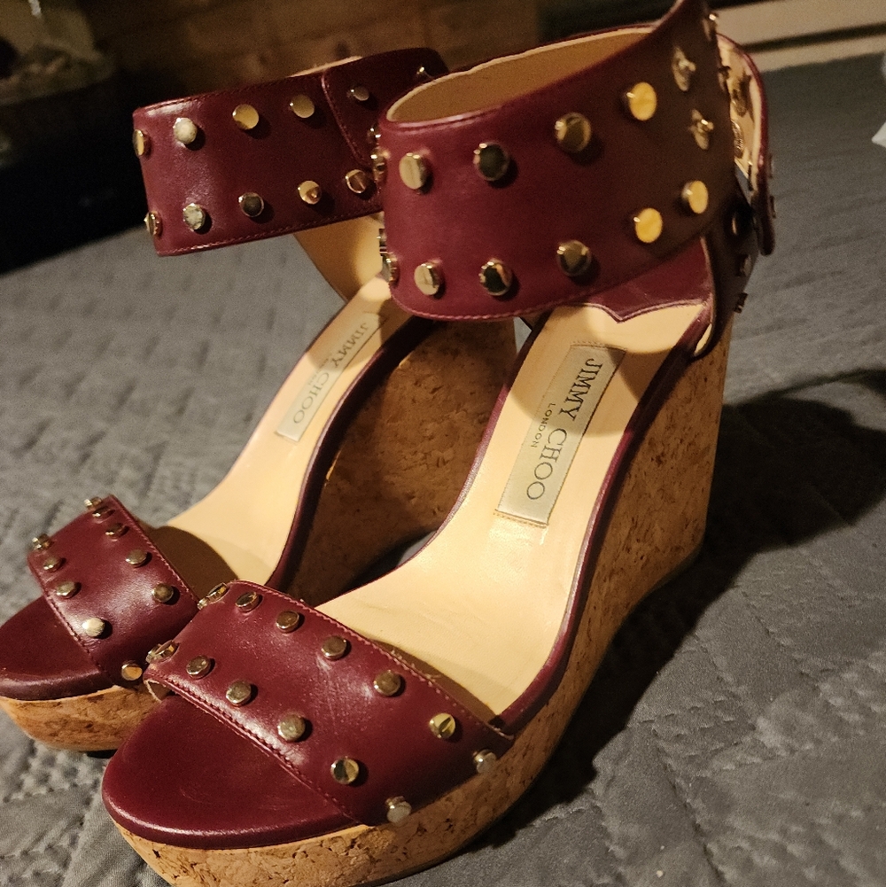 Jimmy Choo Nelly Maroon Studded Wedges - Size 37.5